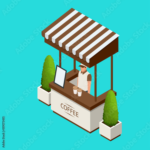 Street cafe Promotion Stand or exhibition standands, handout on blue background isolated vector illustration