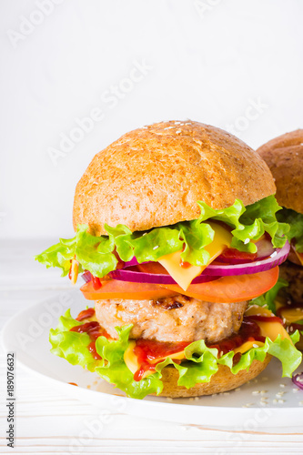 Ready-to-eat hamburger on a plate