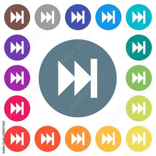 Media fast forward flat white icons on round color backgrounds