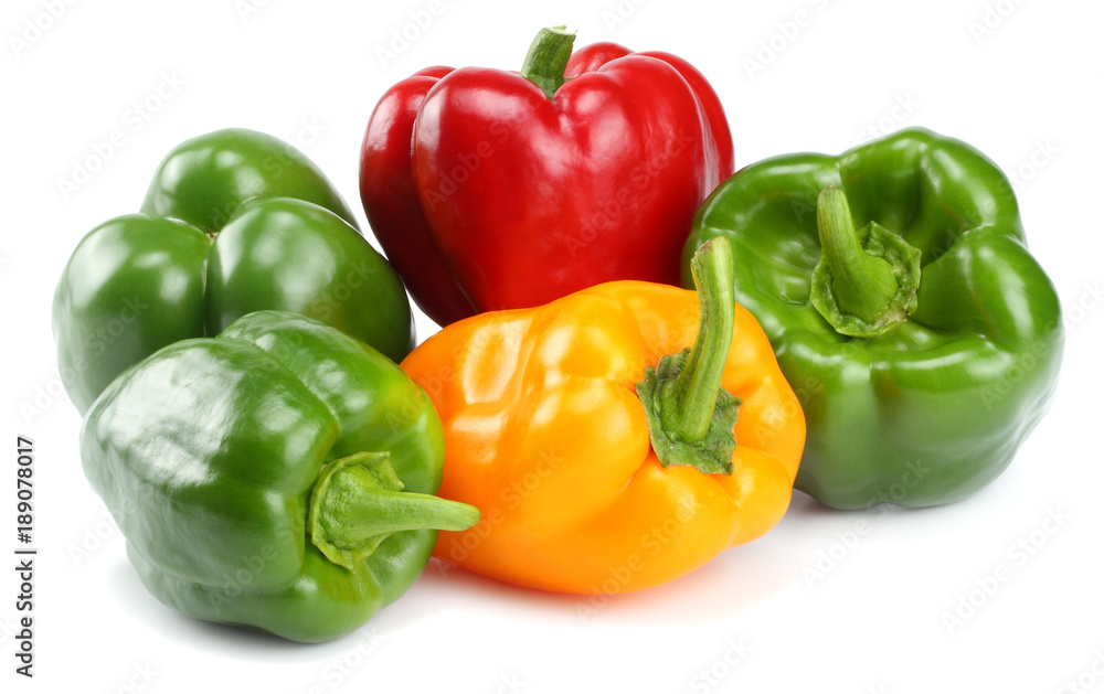 green, red, yellow sweet bell peppers isolated on white background green, red, yellow sweet bell peppers isolated on white background