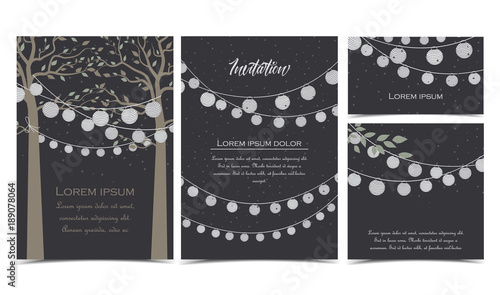Vector illustration of trees with leaves and chain of lanterns. Invitation card, party celebration. Set of greeting cards