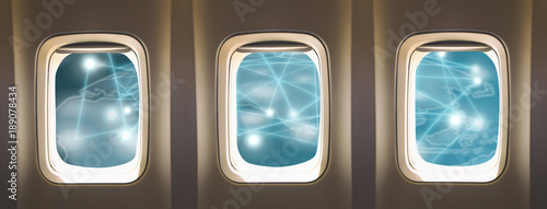 three  windows airplane with map and location travel concept 