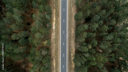 Asphalt road and autumn forest from a bird's eye view. Aerial photography of nature