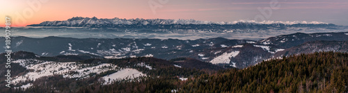 Morning panorama of snowy Tatra Mountains, Poland