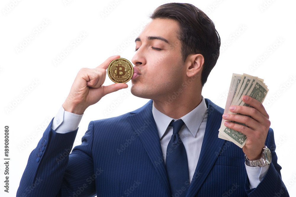 Businessman in bitcoin price increase concept Businessman in bitcoin price increase concept