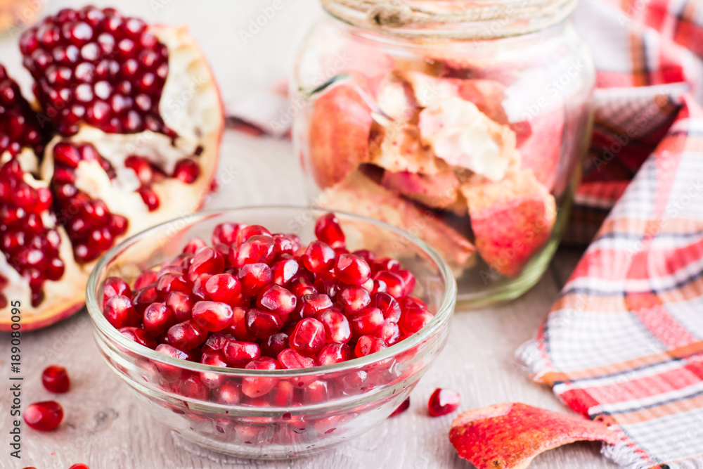 Pomegranate seeds in a bowl on a wooden table Pomegranate seeds in a bowl on a wooden table