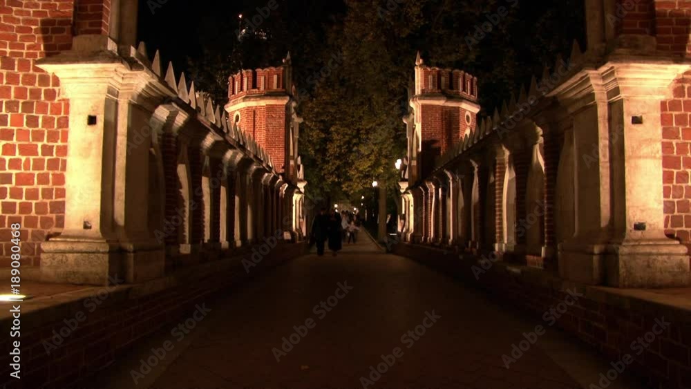 People are walking on bridge Tsaritsyno Museum in Moscow at night. Beautiful views of capital of Russia. People are walking on bridge Tsaritsyno Museum in Moscow at night. Beautiful views of capital of Russia.