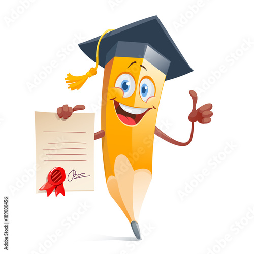 Funny pensil in graduation cap and with diploma certificate.
