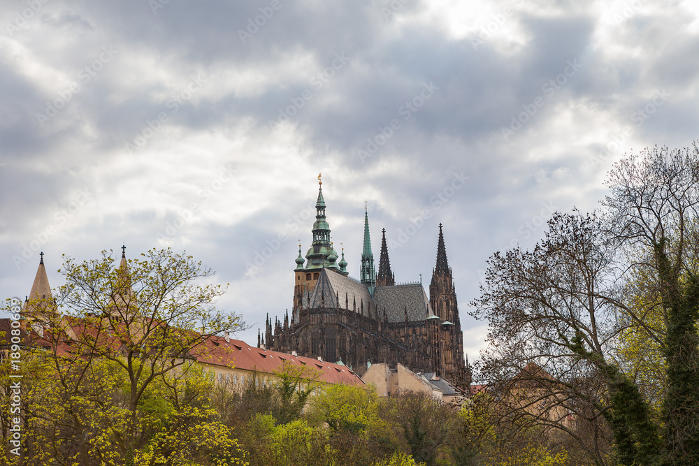 Famous St. Vitus Cathedral Prague, Czech Republic. Gloomy spring weather