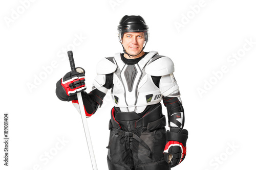 Canvas Print Smiling hockey player in safety gear isolated on white background
