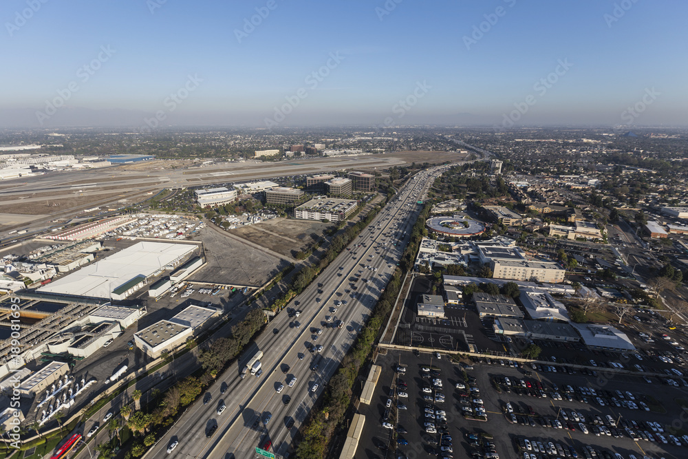 Aerial view of the 405 freeway and Long Beach airport runways in Los Angeles County, California.