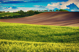 Rural landscape with fields, waves and blue dramatic sky, spring seasonal natural background