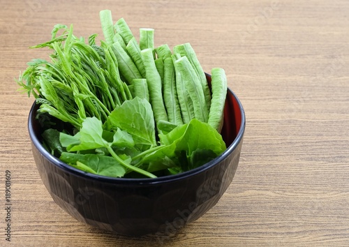 Leucaena Leucocephala, Gotu Kola Leaves and Cowpeas in A Bowl photo