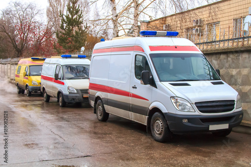 Fototapeta Naklejka Na Ścianę i Meble -  Three ambulance cars came to call for victims after an accident, a terrorist attack or an accident.