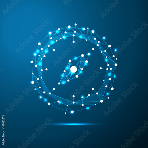 Low poly compass in the form of a starry sky or space, consisting of points, lines, and shapes in the form of planets, stars and the universe
