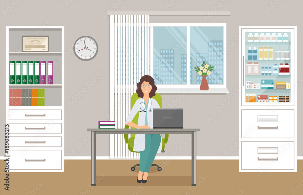 Woman doctor in uniform sitting at the desk in doctor's office. Medical consulting room interior.