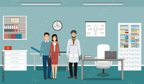 Family at a doctor's consultation in clinic office. Doctor in uniform and two patients characters standing in consulting room.