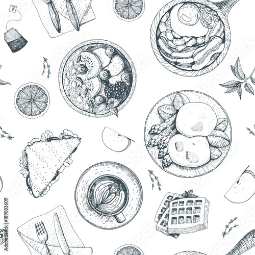 Breakfasts and brunches seamless pattern. Food menu design. Vintage hand drawn sketch vector illustration.The design of packaging or menu for Breakfast.