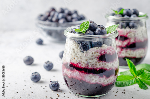 Chia pudding with blueberry and jam photo