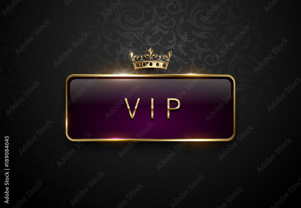Vip royal purple label with golden frame and crown on black floral pattern background. Dark premium template. Vector illustration. - obrazy, fototapety, plakaty 