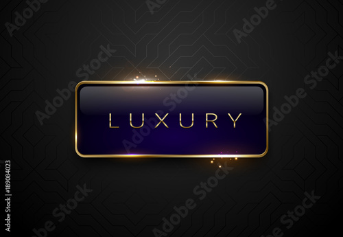 Luxury blue label with golden frame sparks on black geometric pattern background. Dark premium template. Vector illustration.