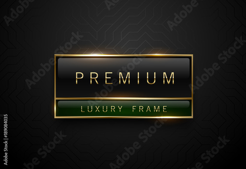Premium black green label with golden frame on black geometric background. Dark luxury logo template. Vector illustration.