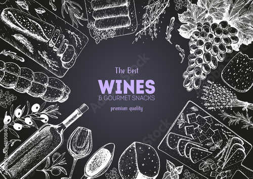 Wines and gourmet snacks frame vector illustration. Cheese, sausages, bread, foie Gras, grape hand drawn. Gourmet food set