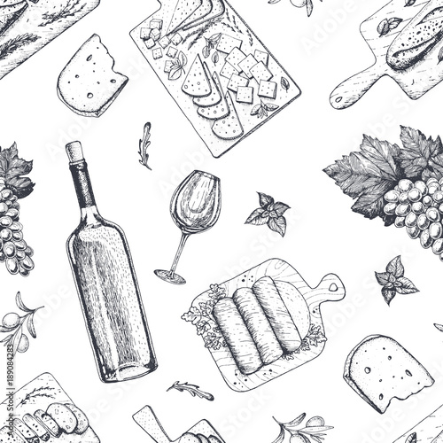 Wine and gourmet snacks seamless pattern. Cheese, meat, bread, grape hand drawn. Gourmet food pattern.