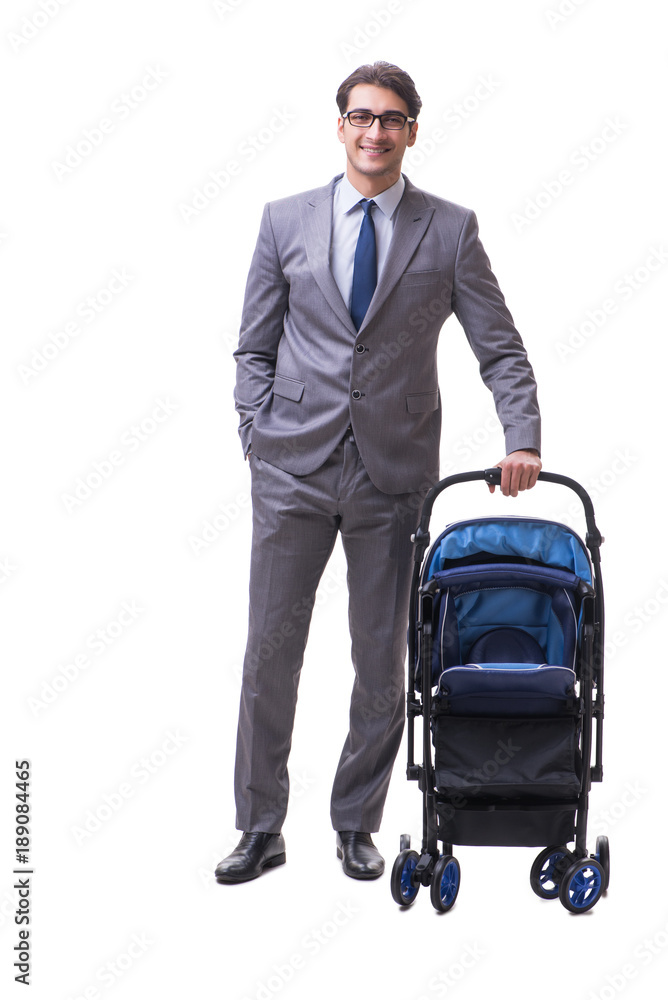 Young businessman nursing child in pram isolated on white Young businessman nursing child in pram isolated on white