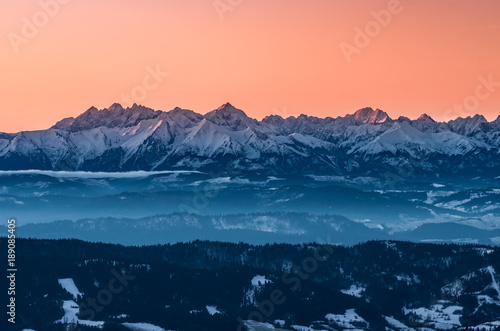 Fototapeta Naklejka Na Ścianę i Meble -  Tatra mountains in winter, view from Gorce, Poland