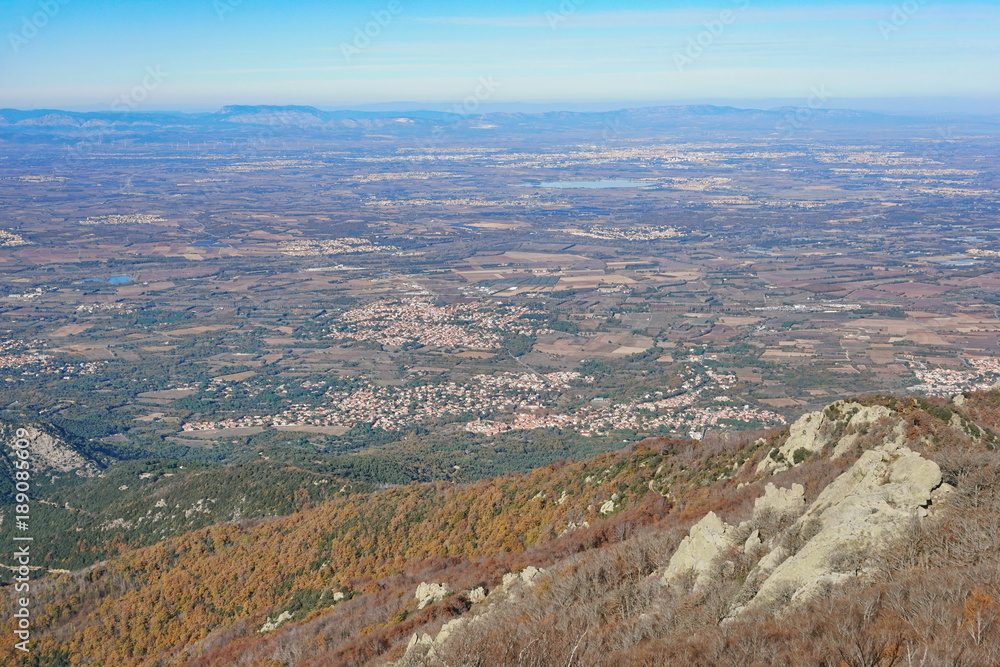 The Roussillon plain in the south of France, Pyrenees Orientales, landscape from the heights of the massif des Alberes