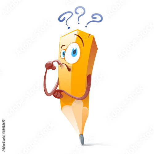 Cute cartoon pencil with eyes. Humanized pencil with emoji and question mark.