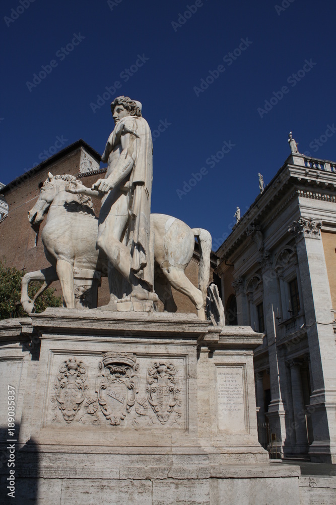 Piazza del Campidoglio - Statue of Castor at the Cordonata stairs in Rome, Italy