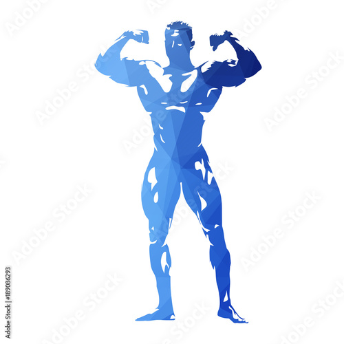 Posing bodybuilder, abstract blue geometric vector silhouette. Front view. Man with big muscles standing
