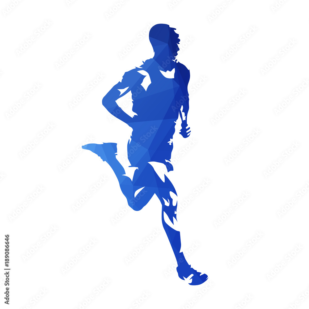Marathon runner, abstract blue polygonal vector silhouette. Run