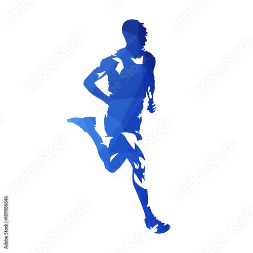 Marathon runner, abstract blue polygonal vector silhouette. Run
