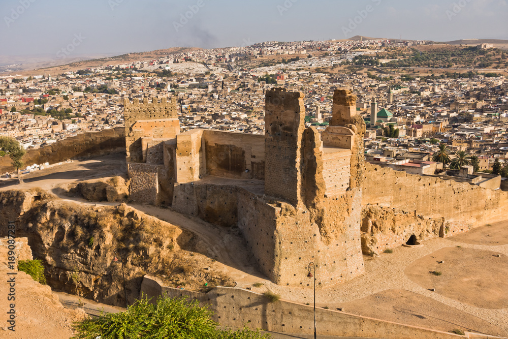 View from Merenides tombs to old city walls, Bab Guissa gate and Fez cityscape, Morocco, Africa
