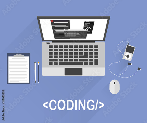 Flat design style modern vector illustration concept of programmer or coder workflow for website coding and html programming of web application. Isolated on stylish colored background