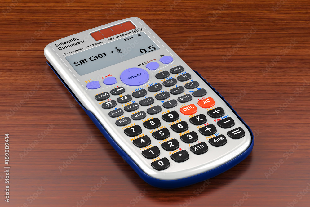 Scientific calculator on the wooden table. 3D rendering Scientific calculator on the wooden table. 3D rendering
