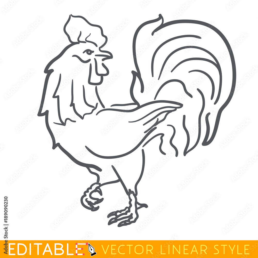 Rooster zodiac sign. Cock Chinese year. Calendar 2029. Editable line sketch icon. Stock vector
