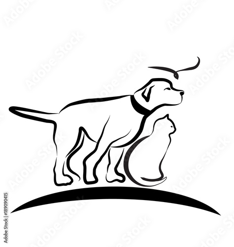 Dog, cat, and bird, line art vector