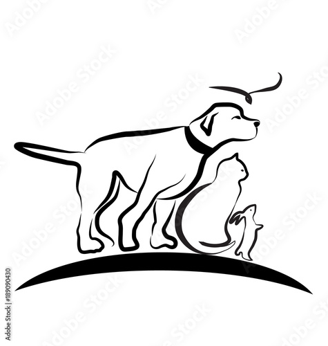 Dog, cat, and bird, line art vector
