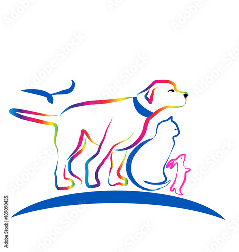 Dog, cat, and bird, line art vector