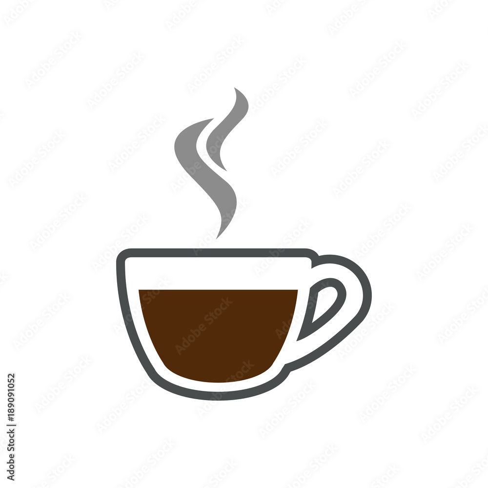 Icono plano cafe humeante gris y marron en fondo blanco Icono plano cafe humeante gris y marron en fondo blanco