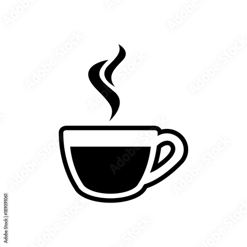 Icono plano cafe humeante negro en fondo blanco