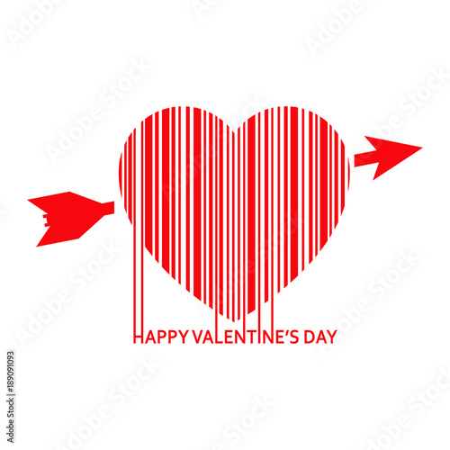 Icono plano codigo de barras HAPPY VALENTINES DAY con corazon rojo en fondo blanco