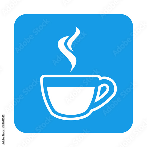 Icono plano taza cafe humeante en cuadrado azul