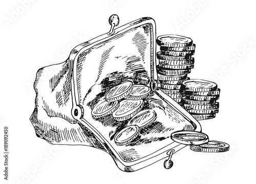 Open wallet with metal coins. The sketch marker. Vector