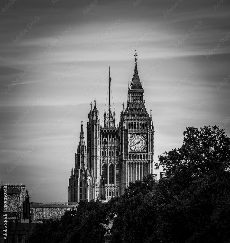 Big Ben in London, UK. Black and white picture