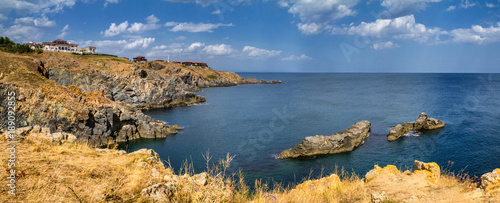 Coastal landscape banner, panorama - the rocky seashore, near city of Sozopol in Bulgaria